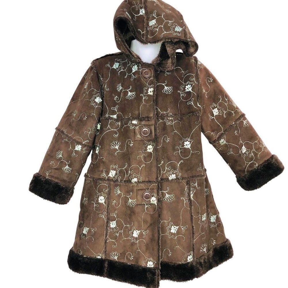 Vintage Y2K Rothschild Girls 4T Coat Brown Teal Embroidered Faux Fur Winter Long